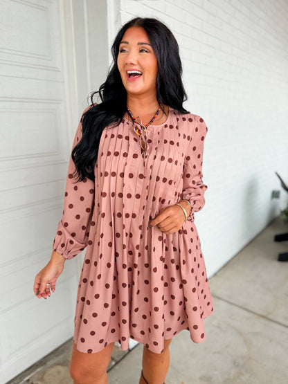 Polka Dot Pleated Long Sleeve Mini Shift Dress - Sienna