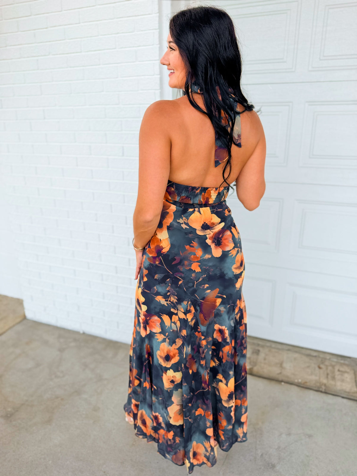 Floral Printed Chiffon Halter Maxi Dress - Midnight Teal