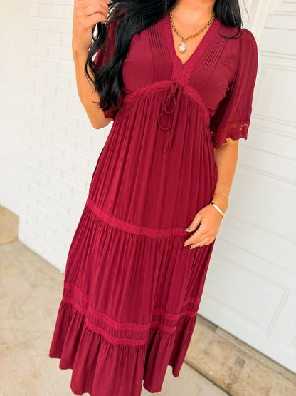 Lace Trim Front Tie Tiered Maxi Dress - Bordeaux