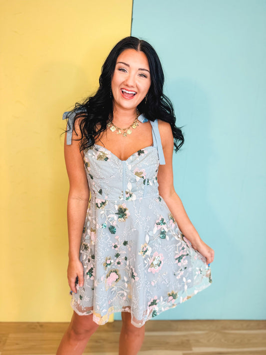 Sequin Embroidered Mini Dress - Blue Aura
