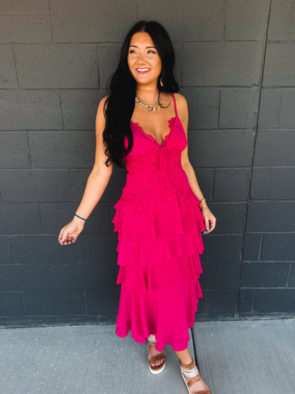 Lace Trim Tiered Midi Dress - Hot Pink