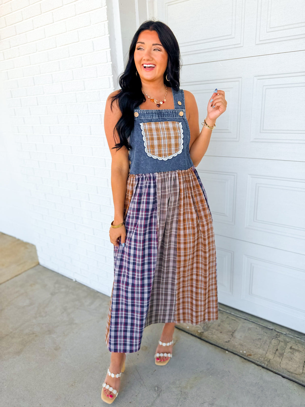 Mixed Plaid Denim Overall Maxi Dress - Multicolour
