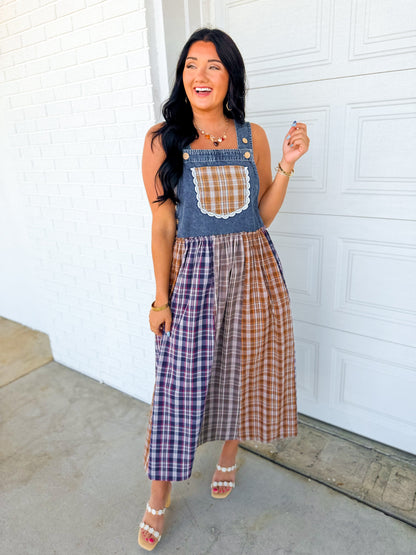Mixed Plaid Denim Overall Maxi Dress - Multicolour