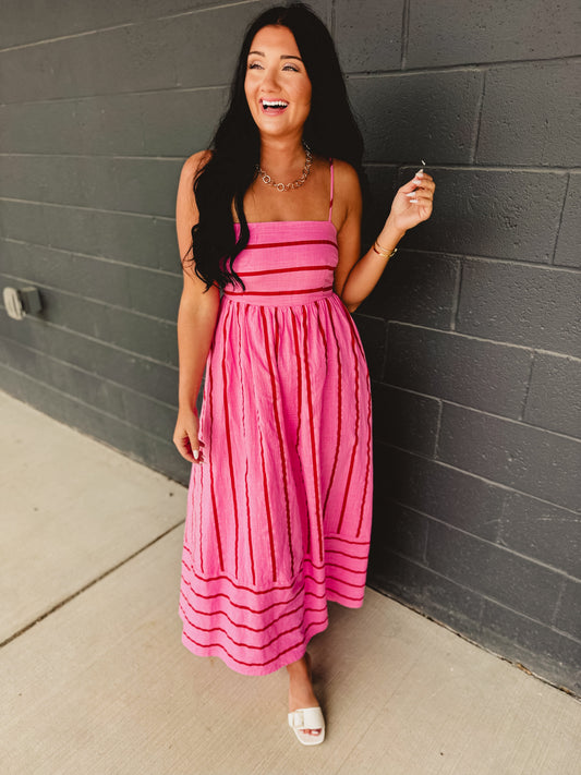 Striped Woven Cotton Flare Midi Dress - Pink Multi