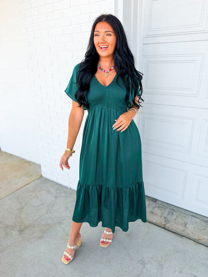 Smocked Washed Satin Tiered Maxi Dress - Emerald