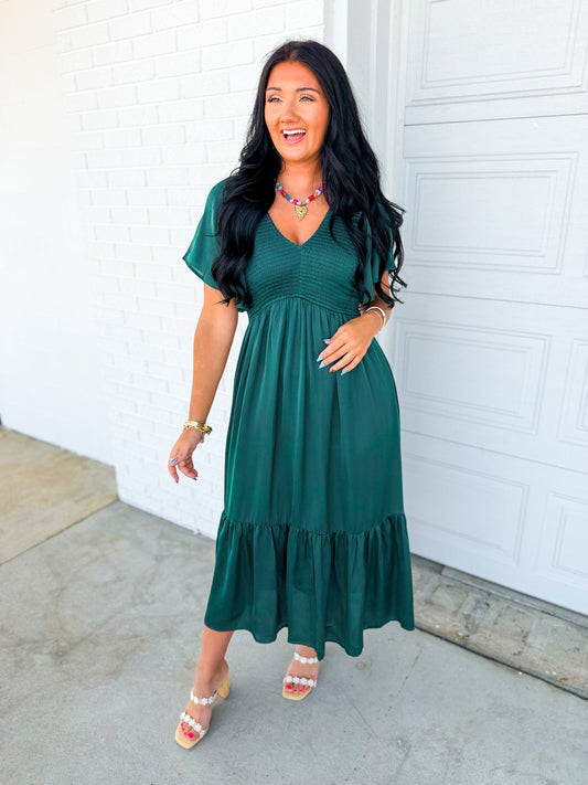 Smocked Washed Satin Tiered Maxi Dress - Emerald