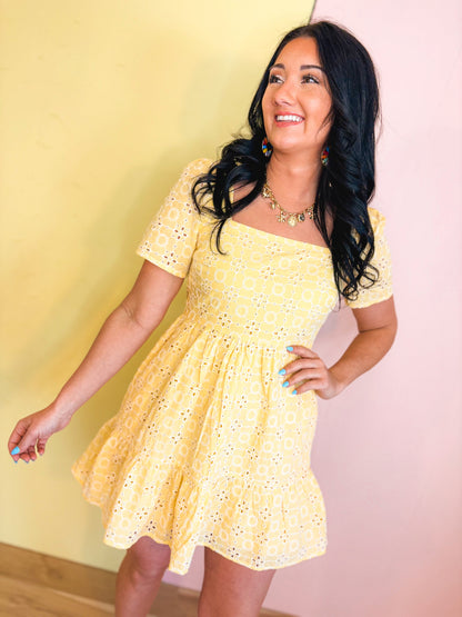 Eyelet Embroidered Shift Mini Dress - Sunwashed Lemon