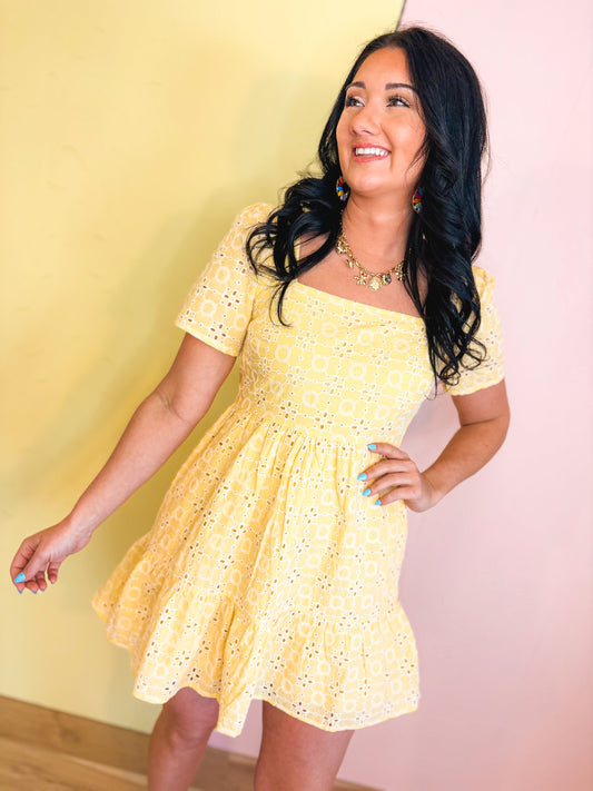 Eyelet Embroidered Shift Mini Dress - Sunwashed Lemon
