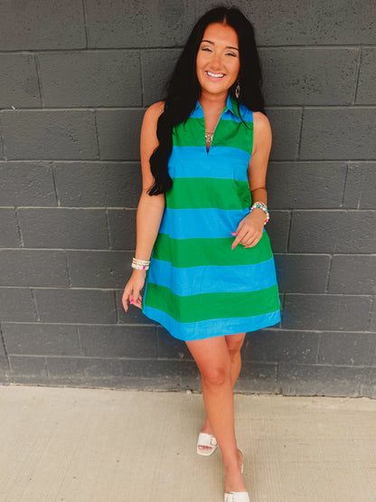 Striped Collared Shift Mini Dress - Blue Garden
