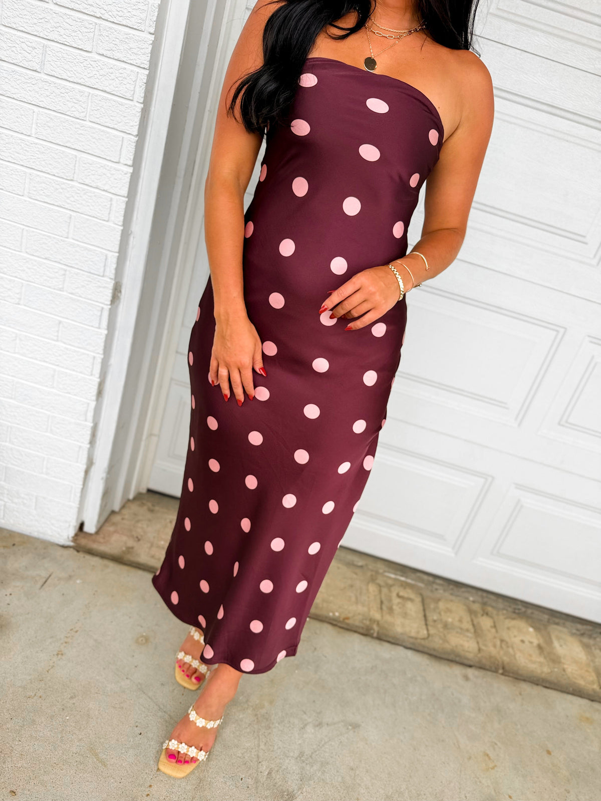 Polka Dot Satin Strapless Maxi Dress - Plum/Blush