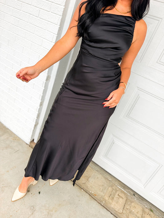 Satin One Shoulder Ruched Maxi Dress - Black