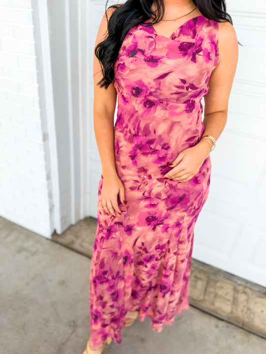 Soft Florals Printed Cowl Neck Maxi Dress - Sangria Bloom
