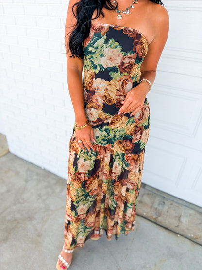 Floral Mesh Strapless Asymmetrical Maxi Dress - Black