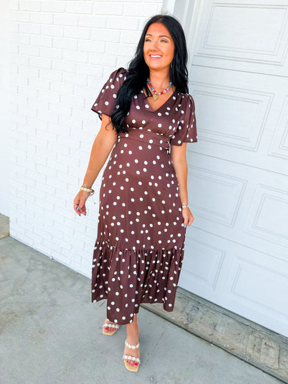 Polka Dot Flutter Sleeve Maxi Dress - Mocha