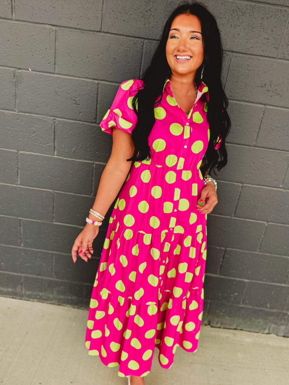 Polka Dot Cotton Poplin Button Up Maxi Dress - Hot Pink/Green