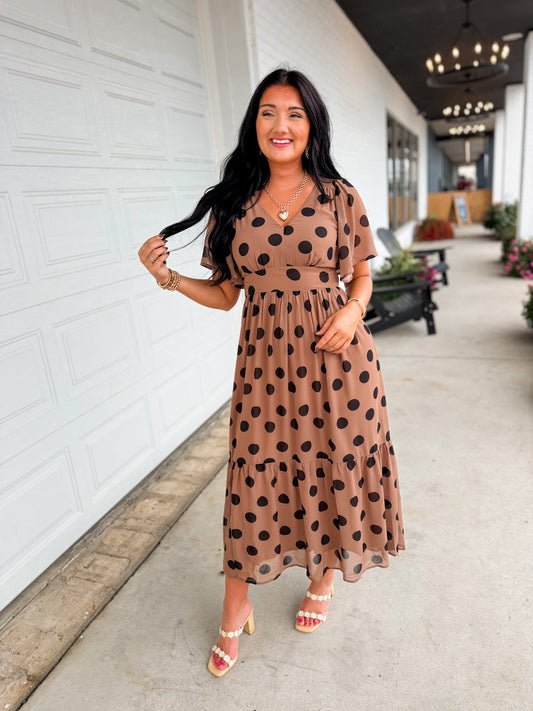 Sweet Like Mocha Midi Polka Dot Dress
