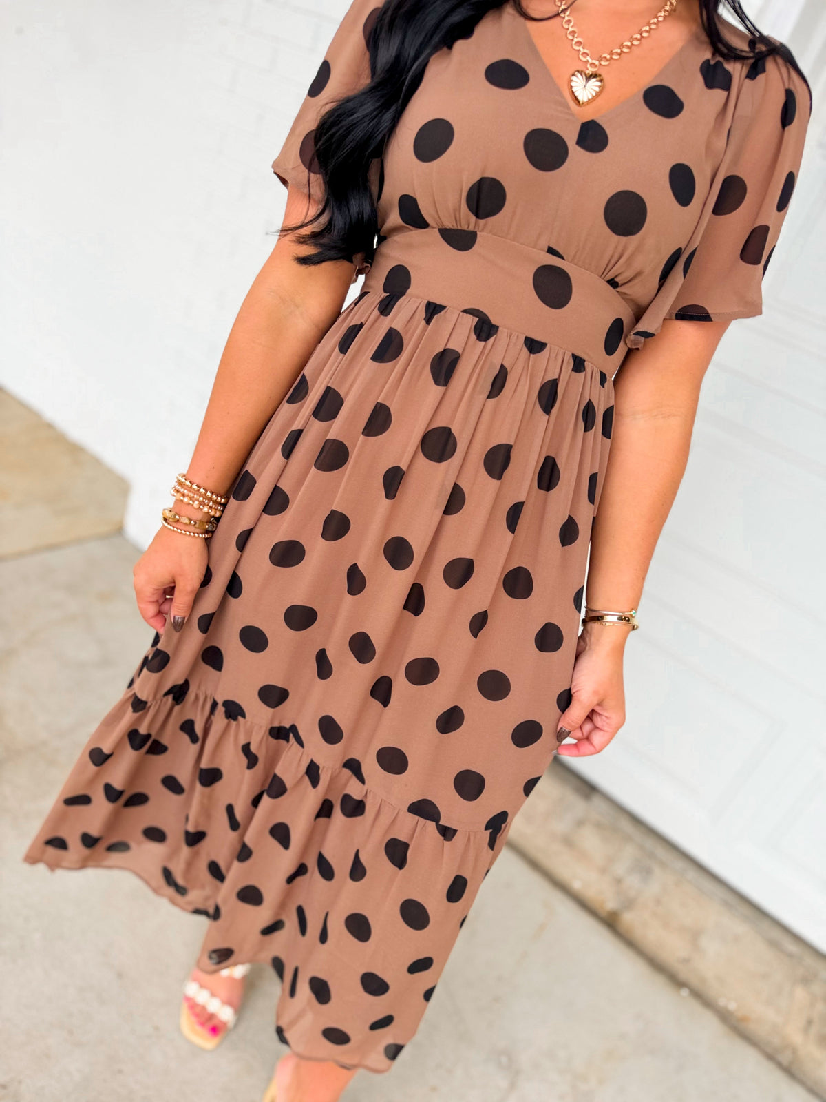Sweet Like Mocha Midi Polka Dot Dress