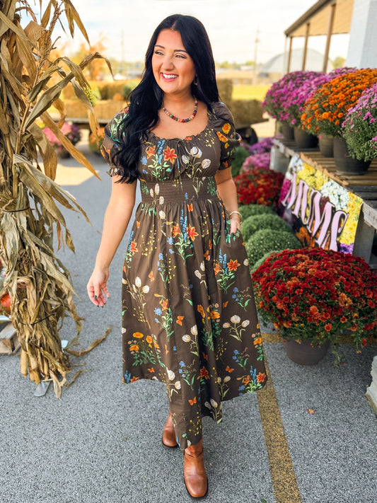 Wildflower Printed Smocked Maxi Dress - Mocha