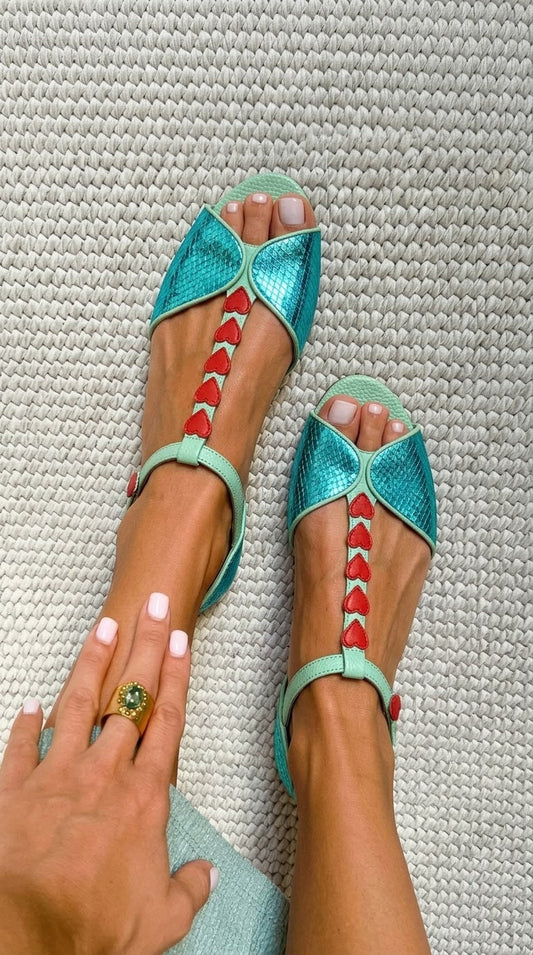 Iza - Petrol Blue & Red Low Peep-Toe Sandals