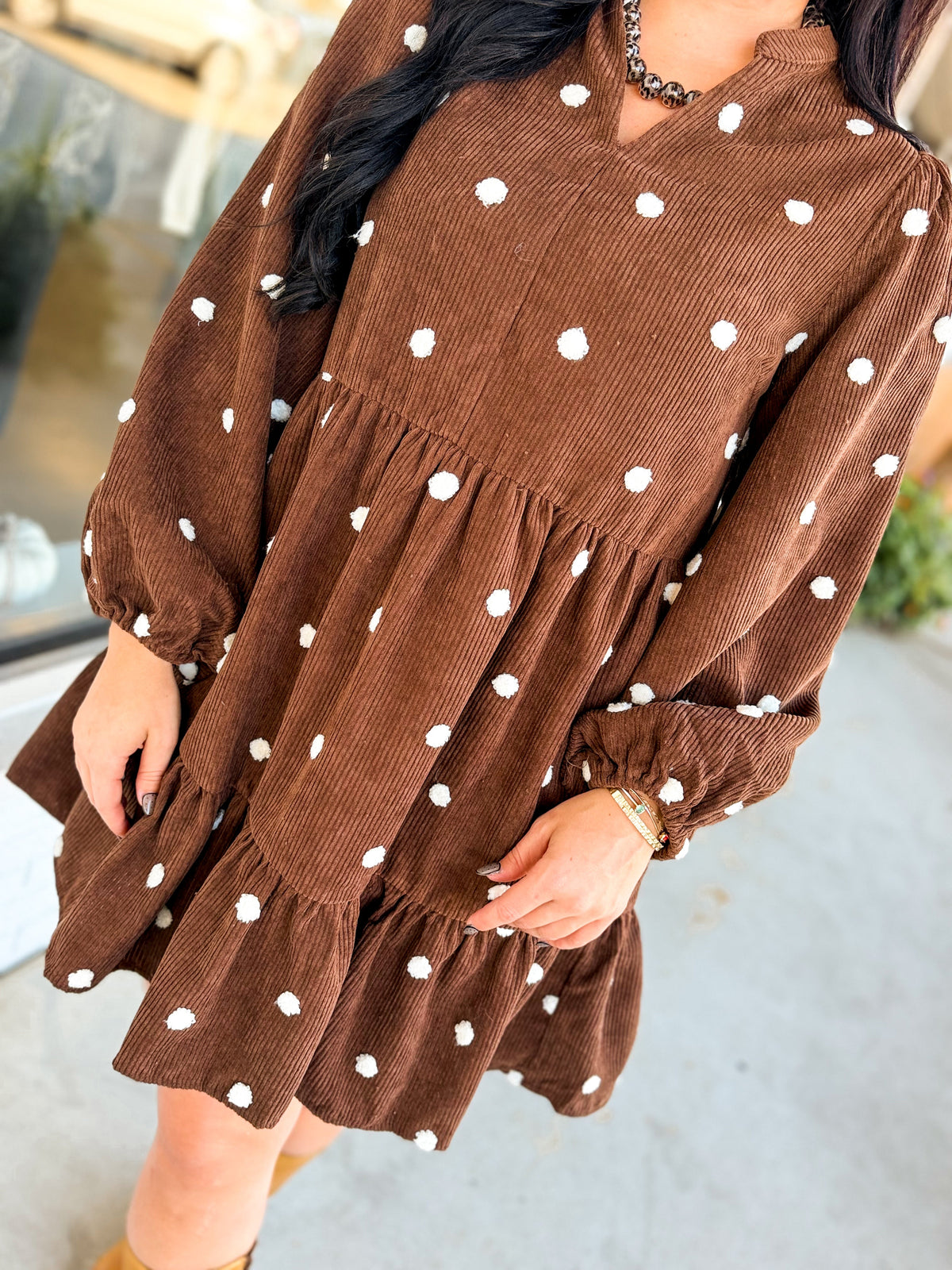 Pom-Pom Dot Corduroy Tiered Mini Dress - Chocolate