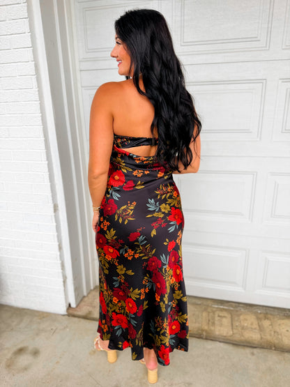 Floral Print Strapless Satin Bias Cut Maxi Dress - Black
