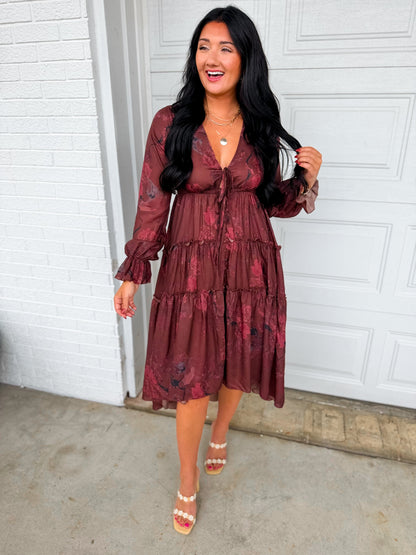 Floral Print Ruffled High-Low Button Up Midi Dress - Mulberry
