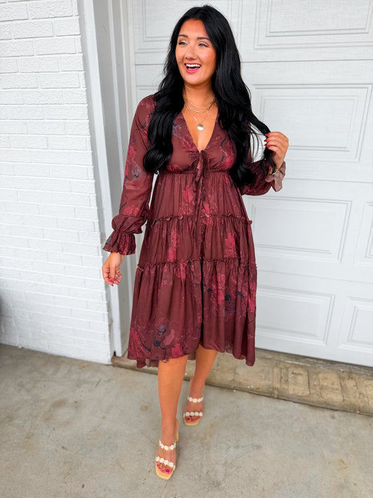 Floral Print Ruffled High-Low Button Up Midi Dress - Mulberry