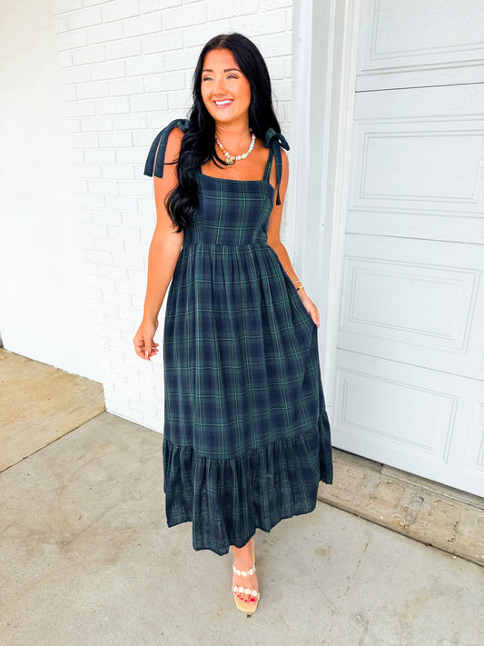 Plaid Shoulder Tie Cotton Maxi Dress - Green/Navy