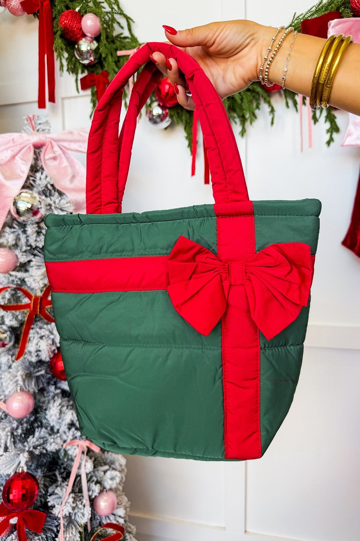 All Wrapped Up Bow Puffer Tote in Green