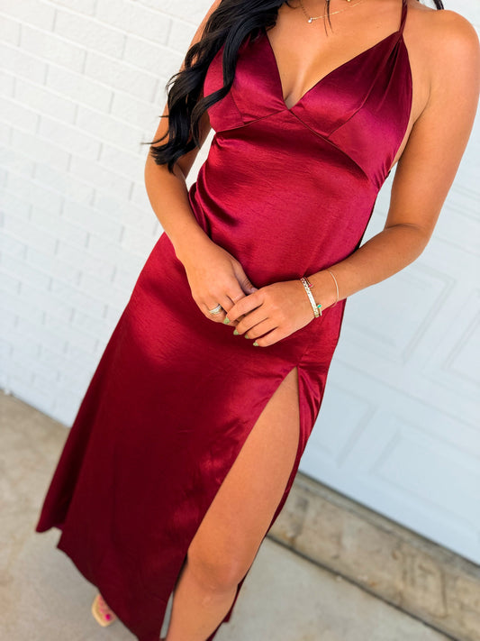 Satin Open Back Padded Maxi Dress - Sangria