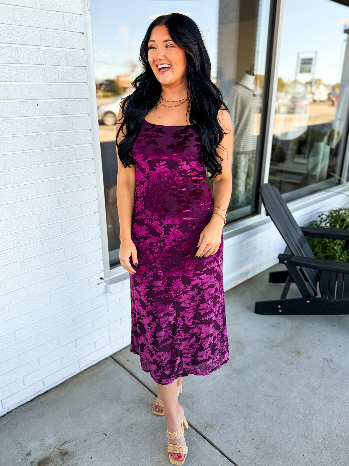 Burnout Velvet Spaghetti Strap Midi Dress - Burgundy