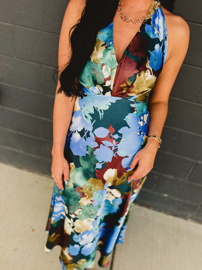 Floral Satin Halter Neck Midi Dress - Blue Multi
