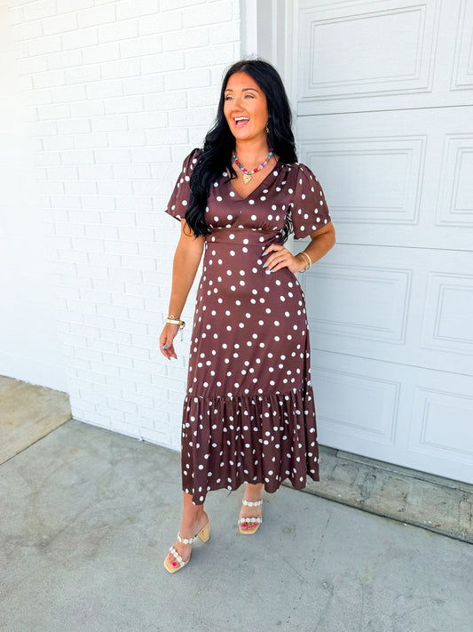 Polka Dot Flutter Sleeve Maxi Dress - Mocha