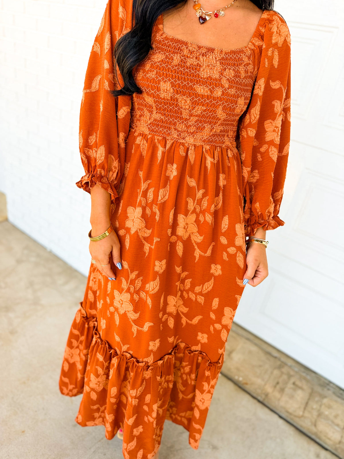 Textured Floral Smocked Maxi Dress - Burnt Orange