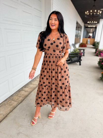 Sweet Like Mocha Midi Polka Dot Dress
