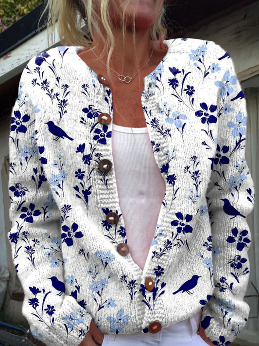 Waverly - Vintage Floral Bird Print Button-Front Cardigan Sweater
