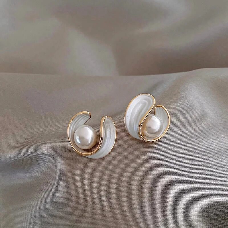 Crescent Pearl & Shell Stud Earrings in Gold Tone