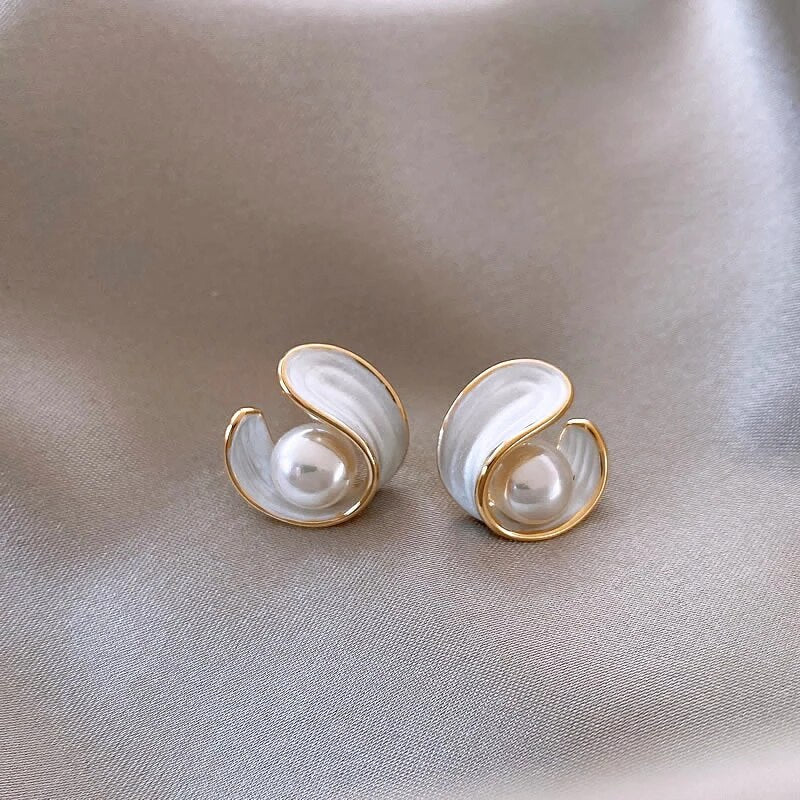 Crescent Pearl & Shell Stud Earrings in Gold Tone