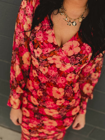 Plunging V-Neck Long Sleeve Maxi Dress - Carmine Rose
