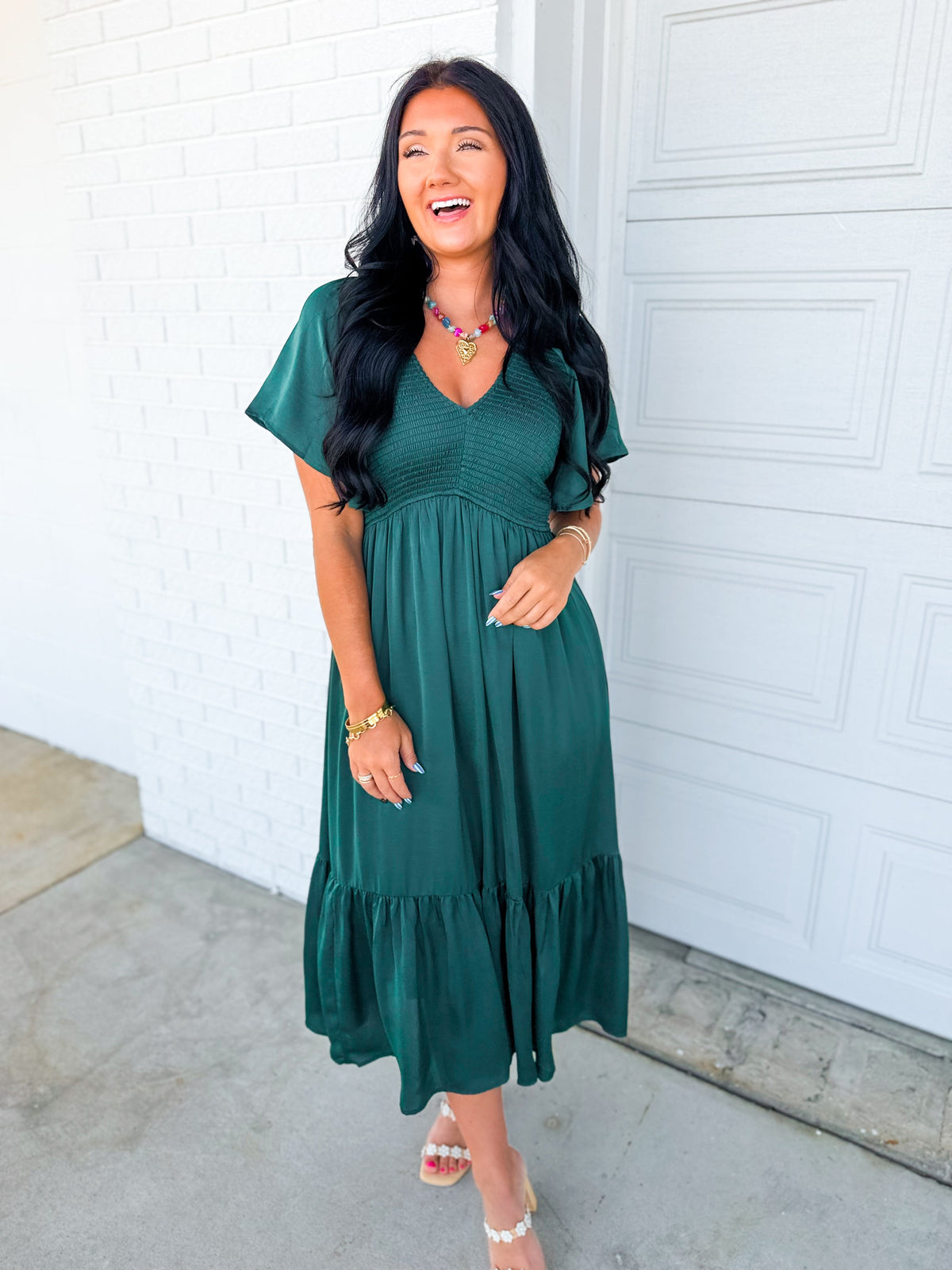 Smocked Washed Satin Tiered Maxi Dress - Emerald