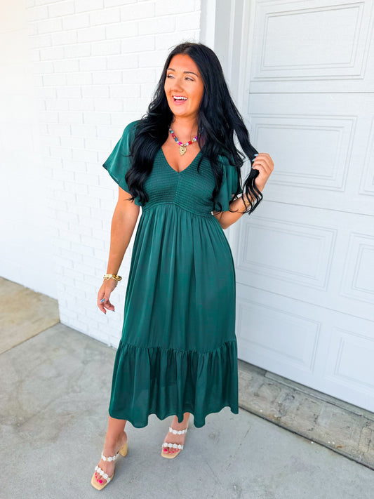 Smocked Washed Satin Tiered Maxi Dress - Emerald