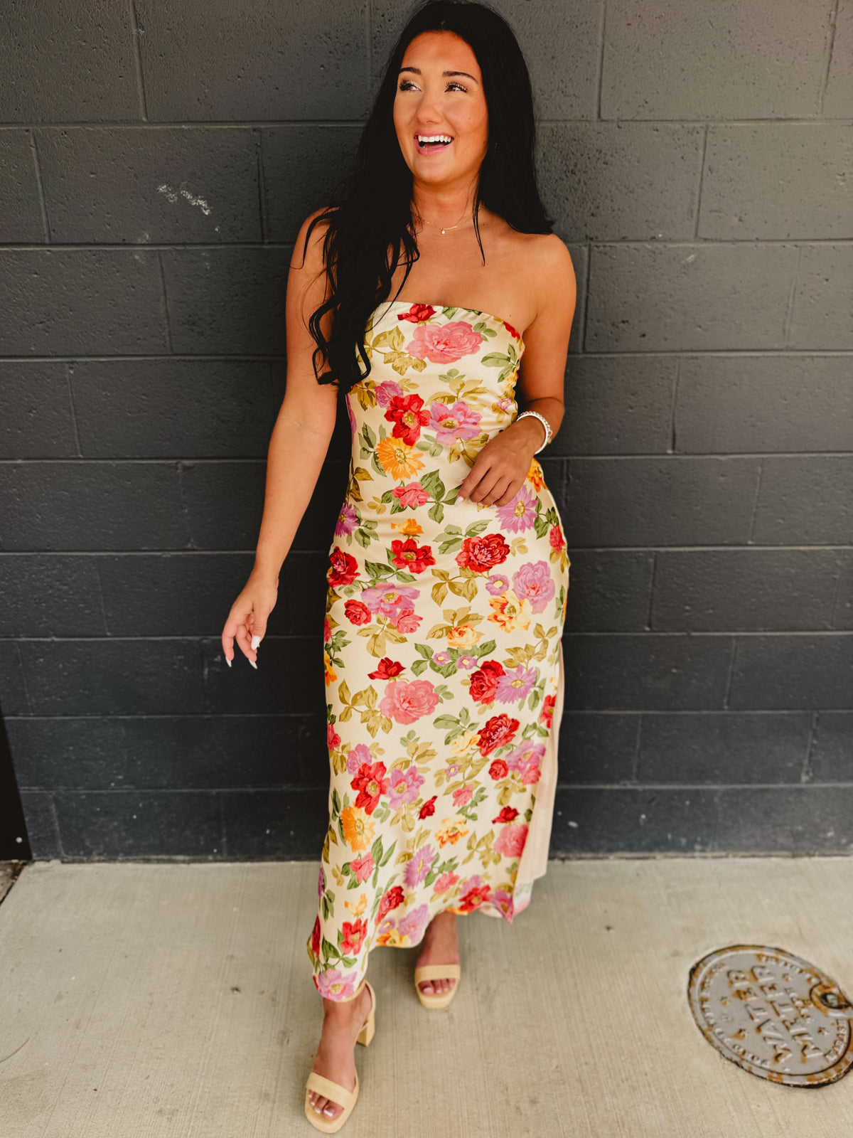 Strapless Bias Cut Satin Maxi Dress - Garden Multi