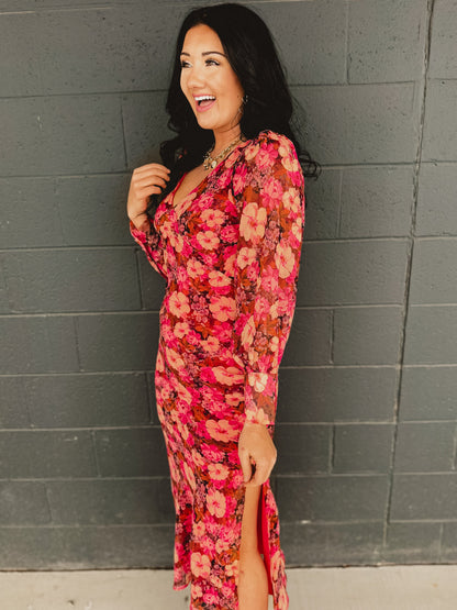 Plunging V-Neck Long Sleeve Maxi Dress - Carmine Rose
