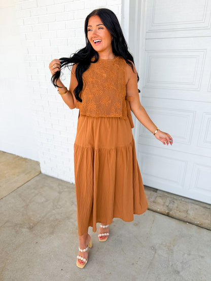 Embroidered Lace Vest & Midi Dress Set - Brown