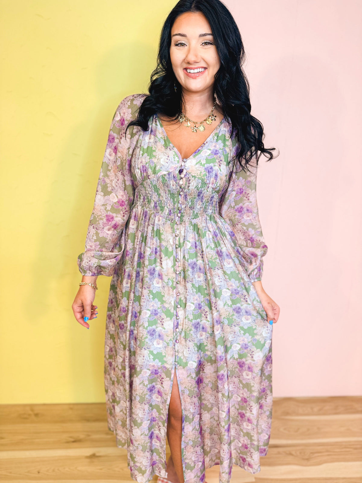 Tencel Floral Smocked Button Down Maxi Dress - Eucalyptus