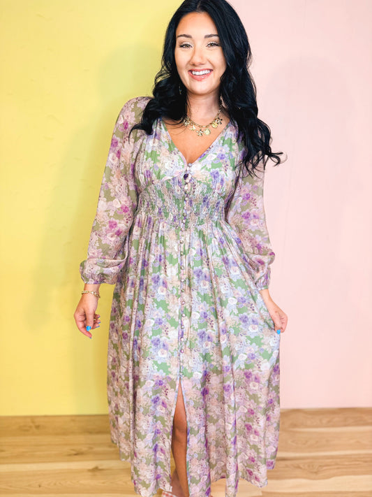 Tencel Floral Smocked Button Down Maxi Dress - Eucalyptus
