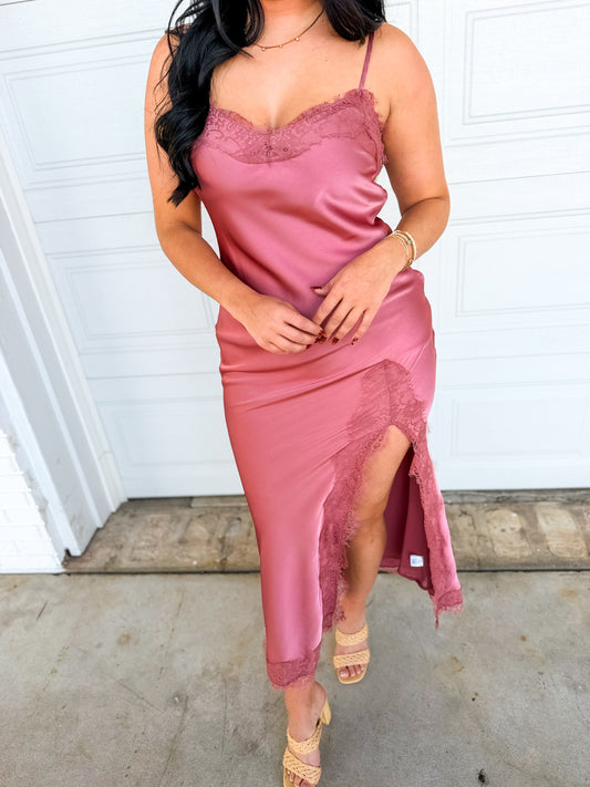 Lace Detail Side Slit Maxi Dress - Antique Rose