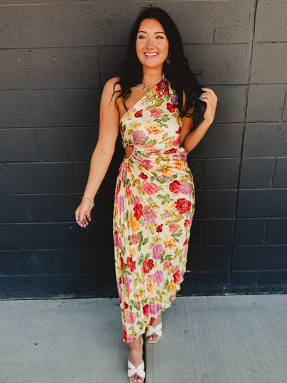 One Shoulder Asymmetrical Pleated Maxi Dress - Garden Multi