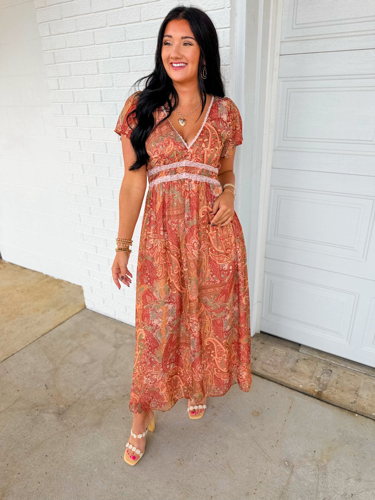 Paisley Print Lace Detail Maxi Dress - Rust Multi
