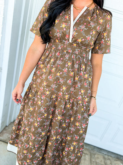 Floral Print & Contrast Border Tiered Maxi Dress - Cedarwood